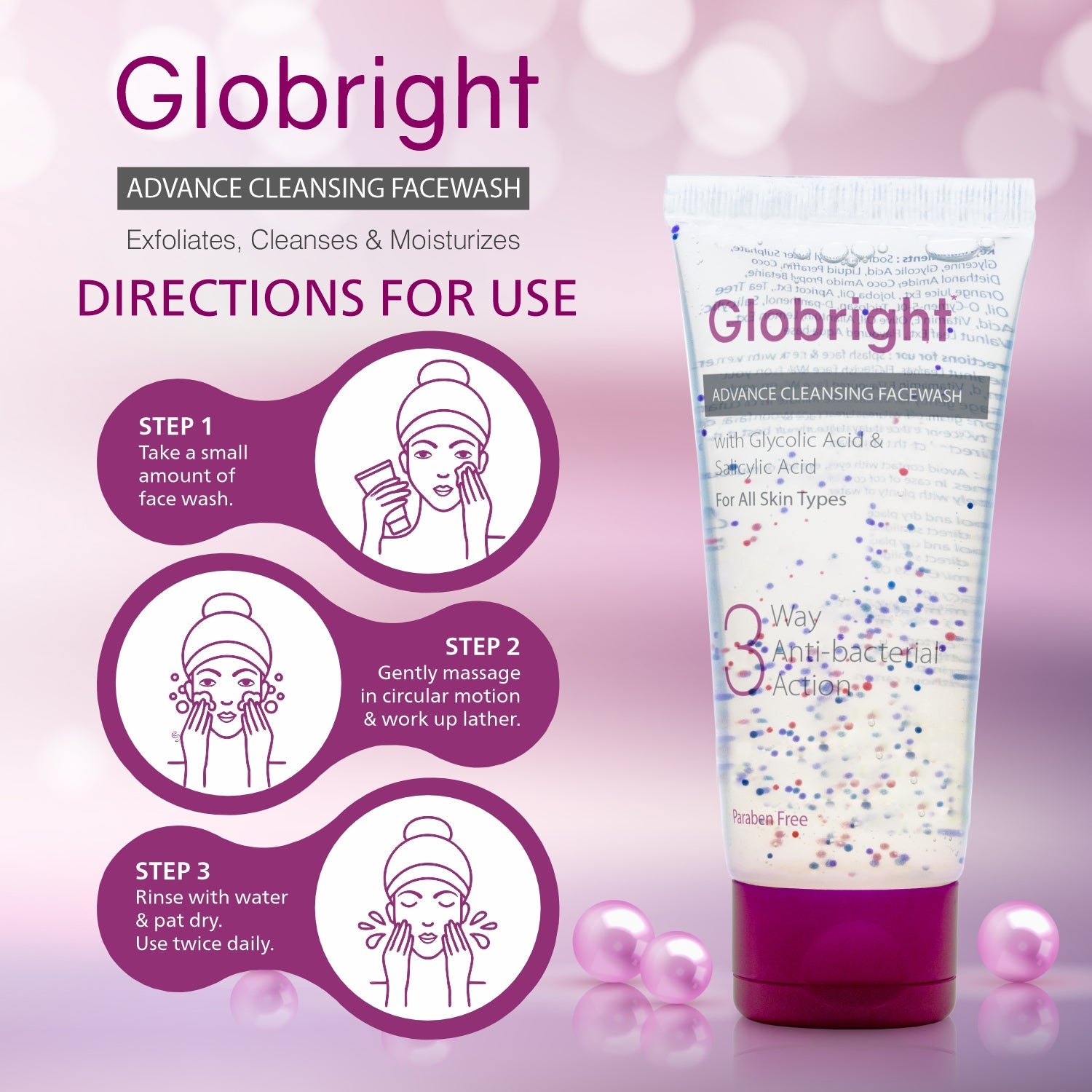 Globright 3 Way Antibacterial Face Wash (100 ml)