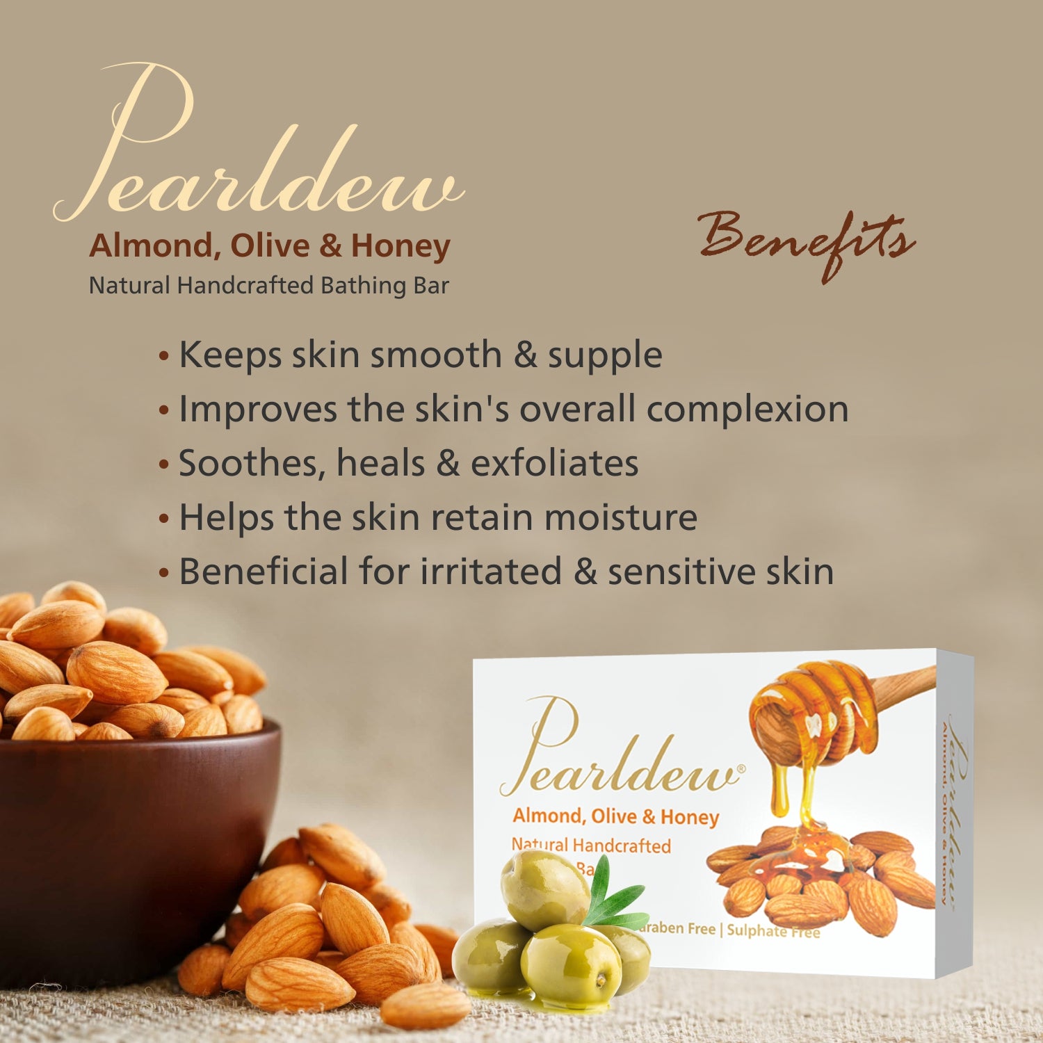 Pearldew Almond, Olive & Honey Natural Handcrafted Bathing Bar (75 gm)