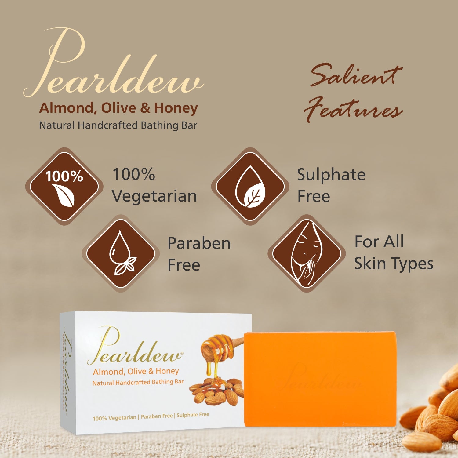 Pearldew Almond, Olive & Honey Natural Handcrafted Bathing Bar (100 gm)